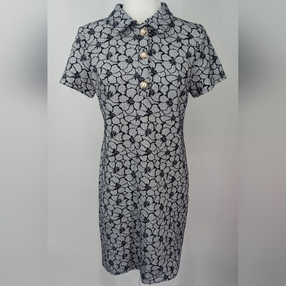 Karl Lagerfeld Navy Blue Gray Preppy Short Sleeve Floral Collared Mini Dress 6